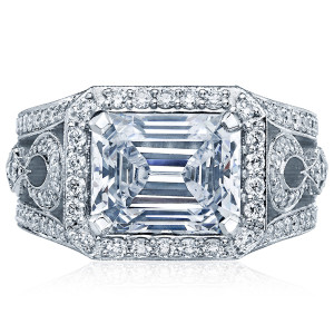 Tacori RoyalT HT2610EC10X8 platinum engagement ring with emerald-cut center and signature diamond bloom