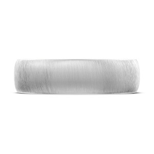 Wedding band 138-6S Platinum top view showing a medium width domed platinum face with fine parallel satin strokes running edge to edge
