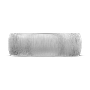 Wedding band 138-7S Platinum top view showing the broad domed platinum face with fine parallel satin strokes leaning slightly diagonal across the width