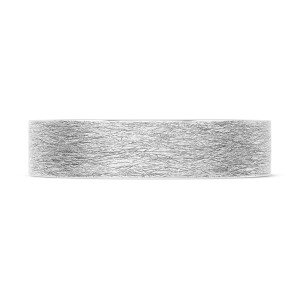 140-5B Platinum wedding band, straight on view of the flat brushed platinum outer surface with fine crisscross scratch texture and slim polished edges