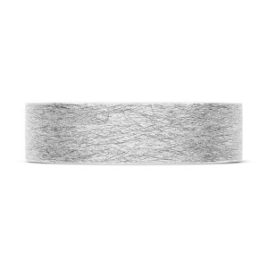 140-6B Platinum wedding band, top view of the wide flat brushed platinum surface with tangled hairline scratches and narrow polished rims