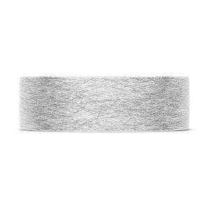 140-7B Platinum wedding band top view of the broad flat brushed platinum surface covered in fine crisscross scratch lines