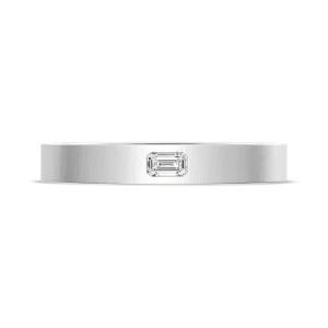 Tacori 15035DSLG Platinum thin band, top view of brushed face with flush set horizontal emerald cut diamond