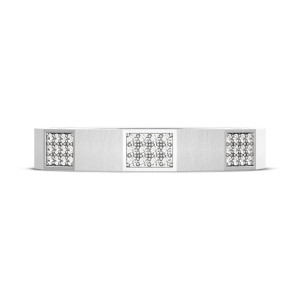1514DSLG Platinum wedding band, straight on view of brushed facets alternating with square pave diamond panels