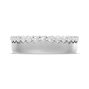 Wedding band 1536DSLG Platinum top view showing satin face with scalloped diamond row along one edge