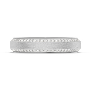 1545DBLG Platinum wedding band, top view of textured center strip edged by twin diamond rows