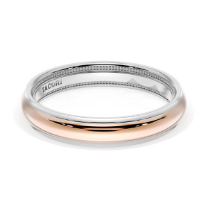 Tacori 1624WR two tone band, laid flat showing rose gold dome, white gold rim and inner TACORI milgrain