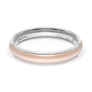 Tacori 1624WRS rose and white gold band lying flat, showing the brushed rose dome, polished white rim, and inner TACORI engraving