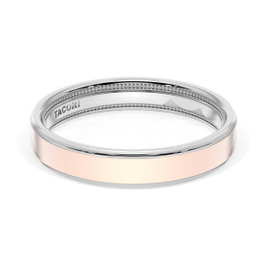 Tacori 1634WR wedding band angled top view, flat rose gold center with white gold edges and engraved inner band