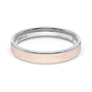1634WRB two tone wedding band lying flat, angled view of brushed rose gold center with polished white gold edges and TACORI inside