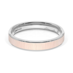 1634WRS wedding band, angled top view of the brushed rose face with polished white metal edge