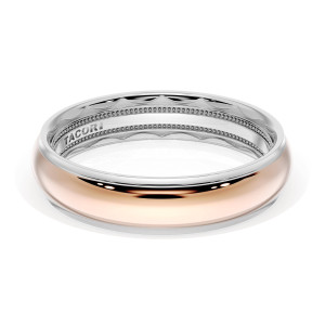 Tacori wedding band 1655WR angled top view showing polished rose gold dome over white metal inner band