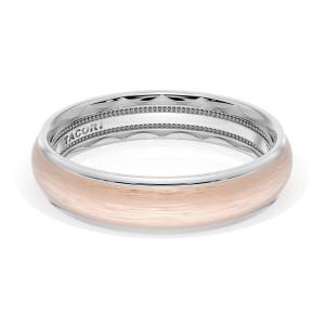 Tacori 1655WRB band, angled top view of brushed rose gold dome with white gold rims and TACORI engraved interior