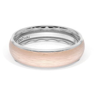 1656WRB two tone band, angled top view of brushed rose gold dome with white gold interior