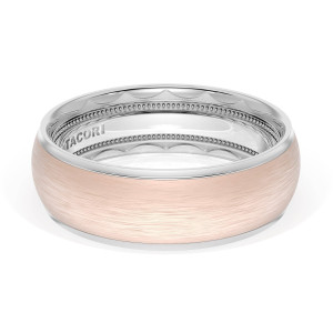 Tacori 1657WRB two-tone wedding band, top angled view of domed brushed rose gold with white metal milgrain interior