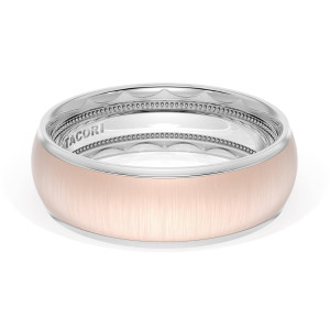 Wedding band 1657WRS angled top view showing satin rose gold dome with polished white metal edges