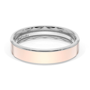 Tacori 1665WR wedding band, angled top view of the rose gold outer panel with white gold rims and inner TACORI engraving