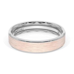 Tacori 1665WRB rose and white gold band lying flat, showing the brushed rose face, white rims, and inner milgrain with TACORI mark
