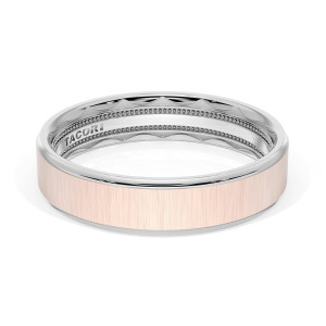 1665WRS wedding band, angled top view of the brushed rose tone face with white metal edges