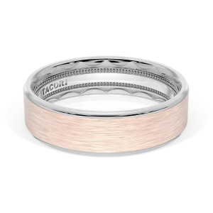 Tacori 1666WRB two tone band, top view of brushed rose gold face, white gold rims and milgrain interior