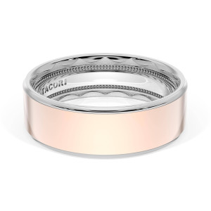 1667WR two tone wedding band lying flat, view into the ring showing white gold milgrain interior with TACORI and polished rose gold outer wall