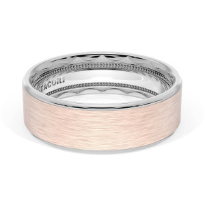 Tacori 1667WRB wedding band, angled top view of wide brushed rose gold face with polished white gold rims