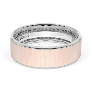 1667WRS wedding band angled top view of brushed rose gold face with white gold rims
