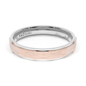1674WRB two tone band, angled top view of faceted brushed rose gold face with white gold rims