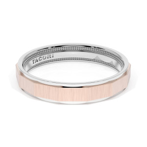 1674WRS wedding band angled top view showing brushed rose gold faceted center and polished white gold edges