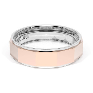 1676WR wedding band angled top view of faceted rose gold panels with white gold rims