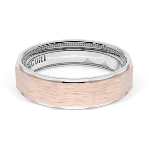 Tacori 1676WRB two-tone wedding band, top angled view of faceted brushed rose gold with white metal interior