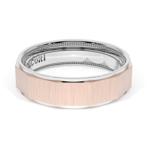 1676WRS wedding band, angled top view of brushed rose faceted panels with white metal interior