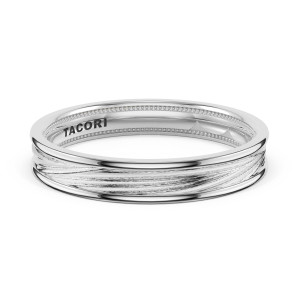 Tacori 1704W white gold wedding band, top view of woven rope texture in a recessed channel between polished rails