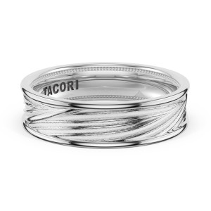 1706 Platinum band, top view of textured center channel between polished rims with TACORI inside