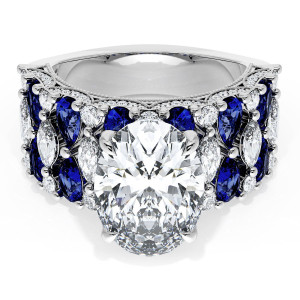 Tacori 21OV125X9BS212W white gold ring, top view of oval center stone with blue sapphire and diamond multi row band