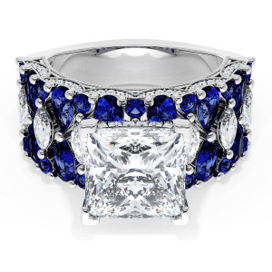 21PR9BS312W top view, princess cut center on a wide band of blue sapphires with marquise diamond accents