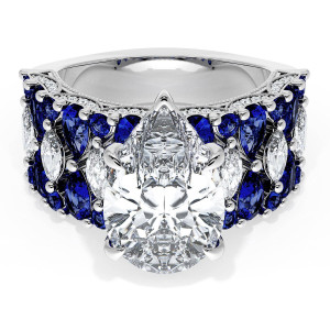 21PS14X9BS312 Platinum top view, pear center stone on a wide band of blue sapphires with marquise diamond accents