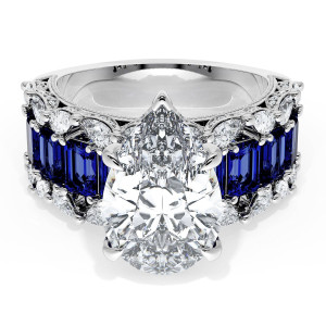 23PS14X9BS212 Platinum ring top view, pear cut center with emerald cut blue sapphire row and diamonds