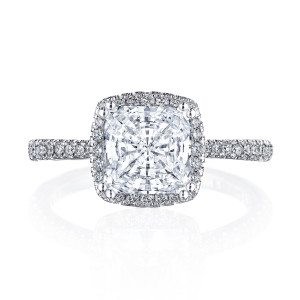 2677PRCU Platinum princess cut engagement ring top view showing square center stone in a cushion shaped halo
