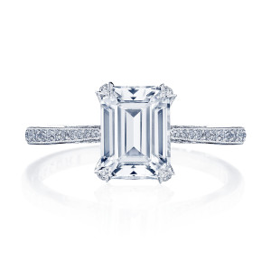 2679EC Platinum ring, top view showing emerald cut center stone with diamond set leaf prongs