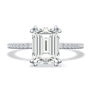 268315ec Platinum engagement ring, top view of the emerald cut center on a pave diamond band