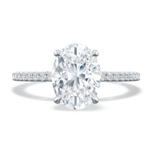 268315ov85x65w ring, top view of the oval center stone on a slim single row pave band