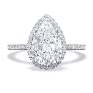 268415ps10x7w top view of pear shaped center stone in a matching halo on a pave shank