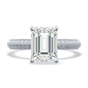 2686ec8x6w top view of white gold emerald cut solitaire with double row pave shank