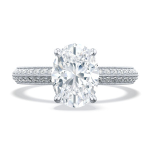 2686ov85x65w white gold oval solitaire, top view showing double row pave shoulders
