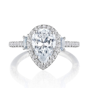 269217PS Platinum top view of pear center stone with matching halo and two step cut side stones