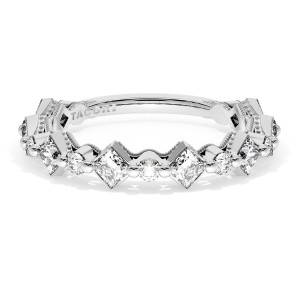 Wedding band 27294B34 Platinum top view showing alternating kite set princess and round diamonds