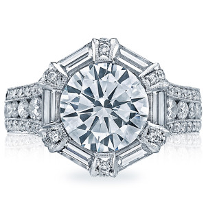 Tacori RoyalT 18 karat white gold engagement ring with round center and pave-set crescent silhouette
