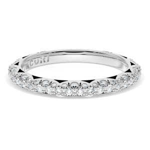 Tacori 40224B34W white gold band top view, micro pave diamonds over a domed crown with crescent openwork edges