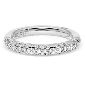 4063B12W white gold diamond wedding band, top view showing scalloped pave stations with milgrain edges